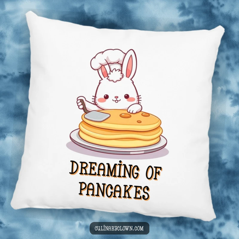 Funny pillow showcasing a fluffy bunny chef proudly flipping a large pancake, adding a charming touch.