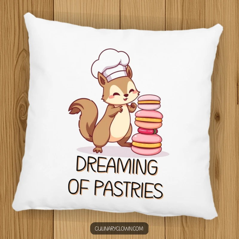 Funny kawaii squirrel chef character attempting to balance a stack of colorful macarons, on a plush pillow.