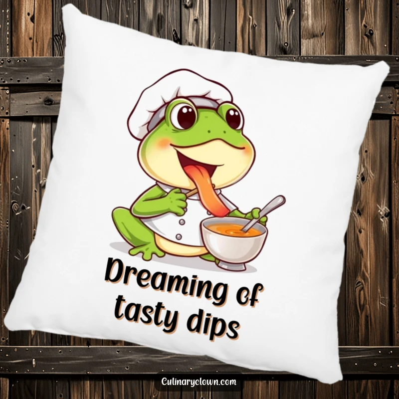 Funny frog chef pillow with a joyful character tasting soup, perfect for cozy comfort and happy vibes.