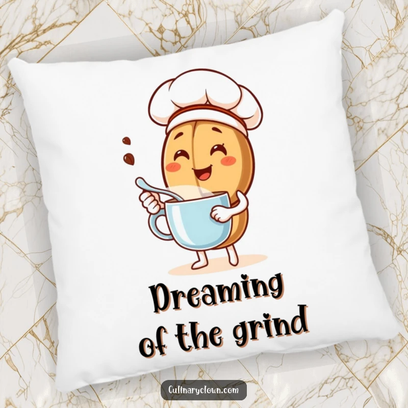 Funny pillow featuring a delighted coffee bean chef character stirring a mug, providing comfortable and humorous decor for living spaces.