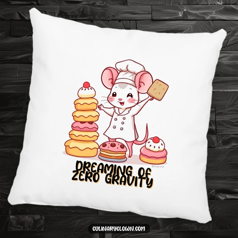 Funny Kawaii Mouse Chef Pillow: A cute mouse chef is depicted trying to balance a wobbly tower of colorful pastries, ready for a cozy nap.