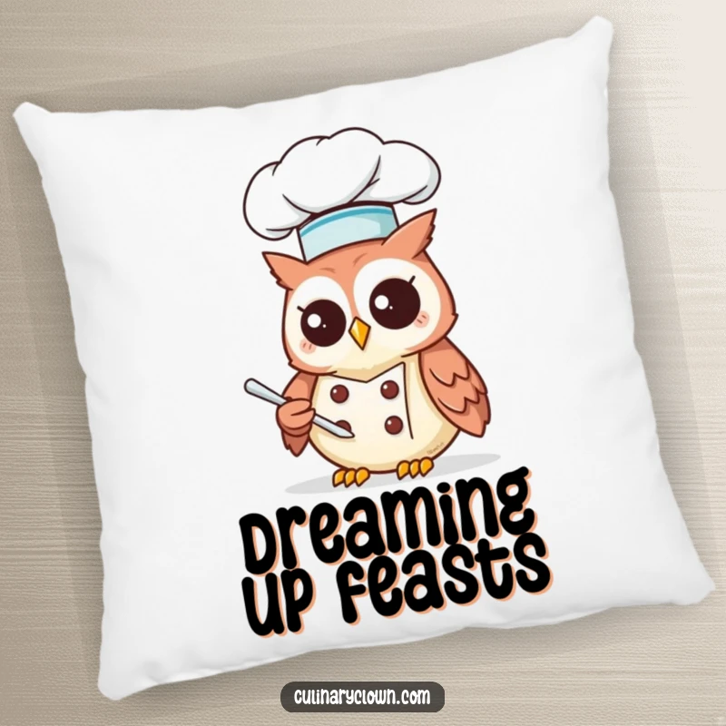 Funny Kawaii Owl Chef Pillow: Soft cushion featuring a cute owl chef pondering a recipe, bringing cozy humor.