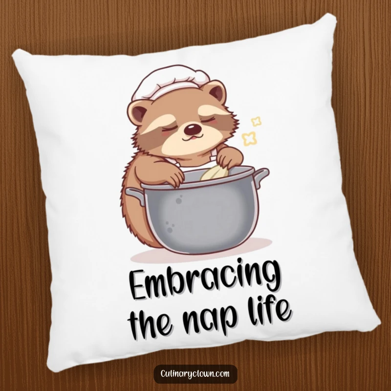 Funny sloth chef pillow featuring a sleepy character slowly stirring a pot, offering comfort and a humorous touch.