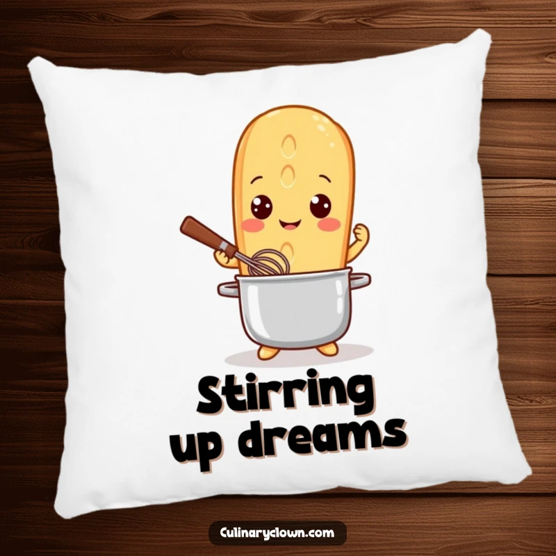 Funny Pillow showcasing a cheerful baguette character, bright eyes, and a whisk, perfect for adding cozy and humorous kitchen vibes.