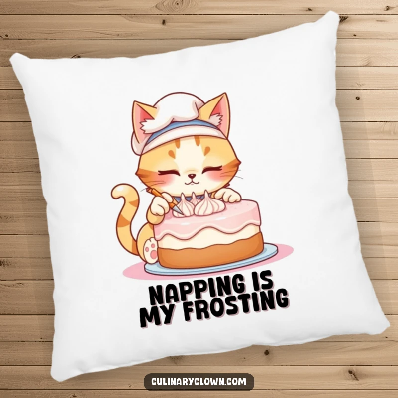 Funny pillow showing a mischievous cat chef intently decorating a cake with tiny, perfect frosting swirls, adding comfort and joy.