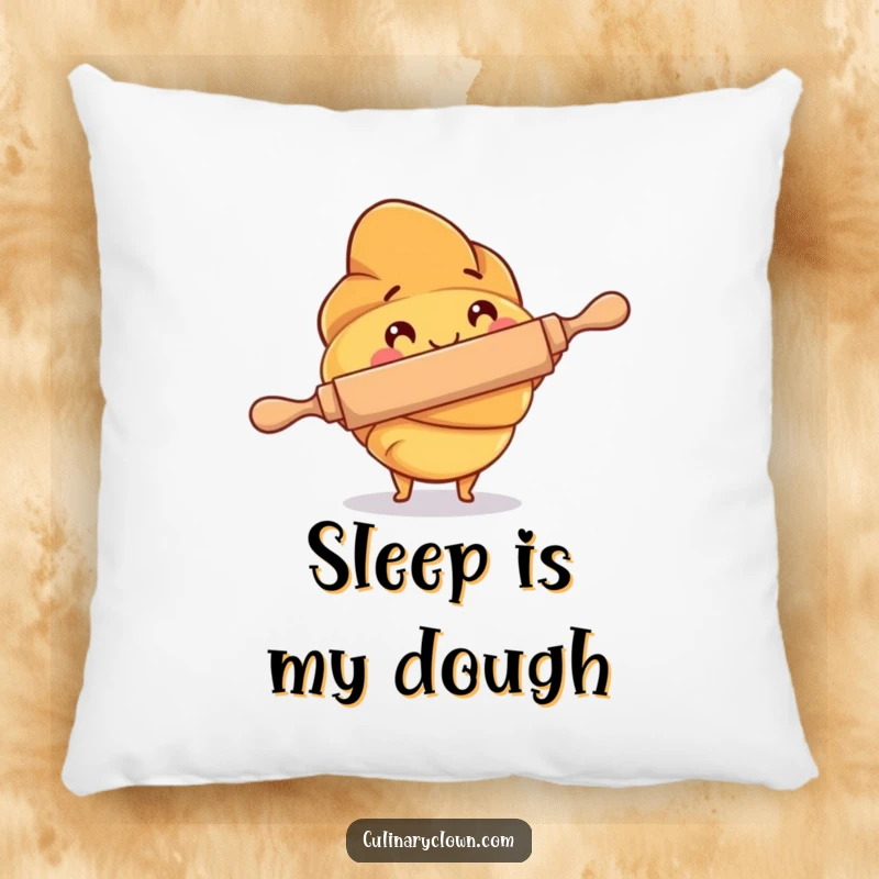 Funny Pillow featuring a croissant character diligently using a rolling pin, offering soft comfort and baking-themed humor.