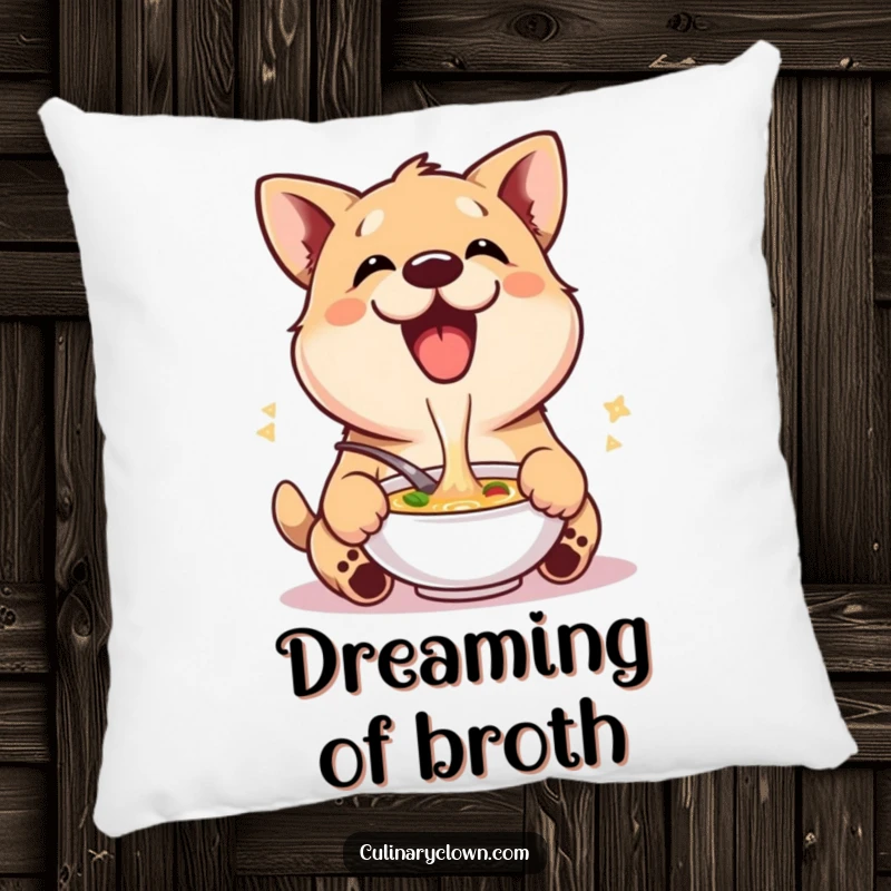 Funny pillow featuring a delighted dog character happily enjoying soup, offering cozy comfort and pet-themed humor.