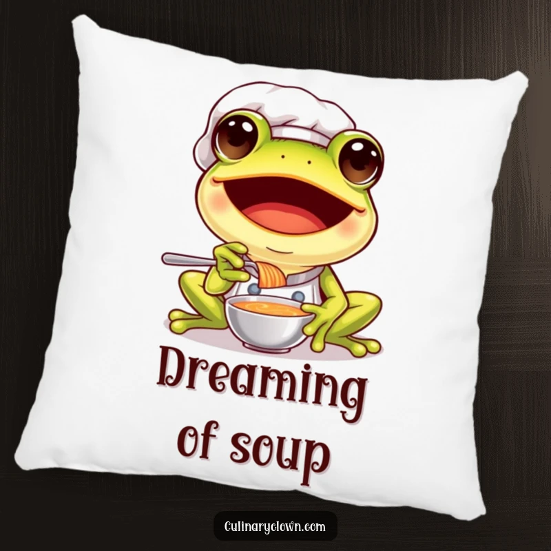 Funny frog chef pillow featuring a joyful frog in a chef's hat, excitedly tasting a sample of soup with pure delight.