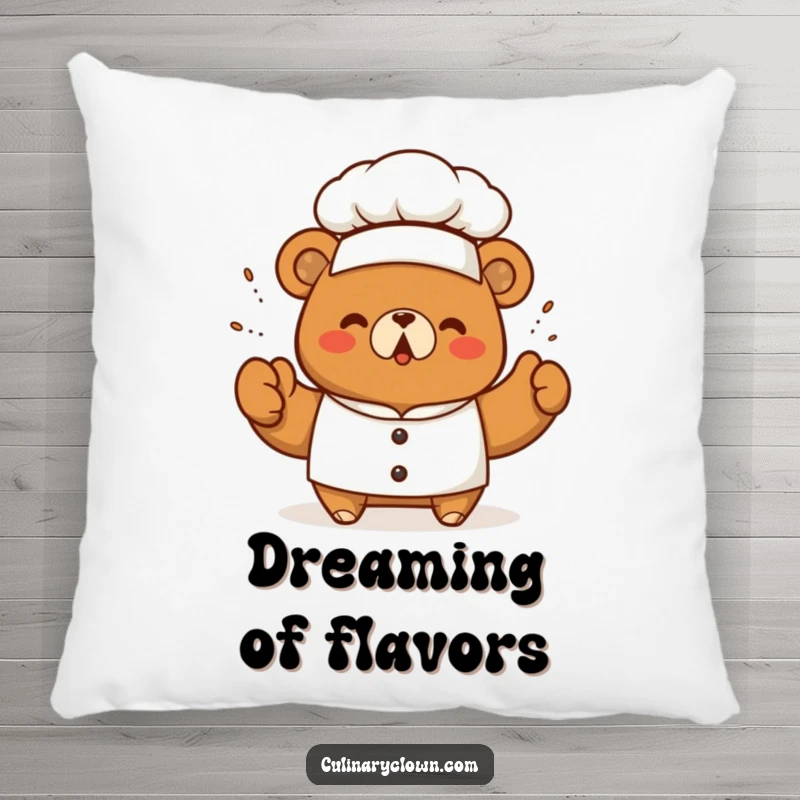 Funny kawaii bear chef triumphantly sprinkling seasoning, presented as a soft, decorative pillow for ultimate comfort and culinary flair.