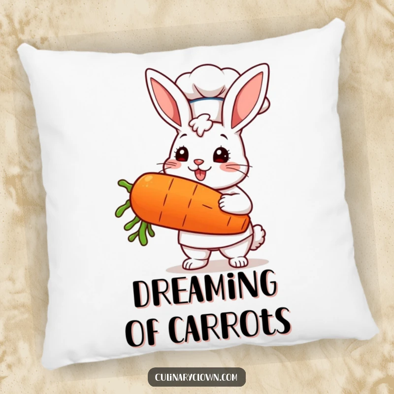 Funny kawaii bunny chef holding a giant carrot, depicted on a soft and decorative pillow for charming home accents.