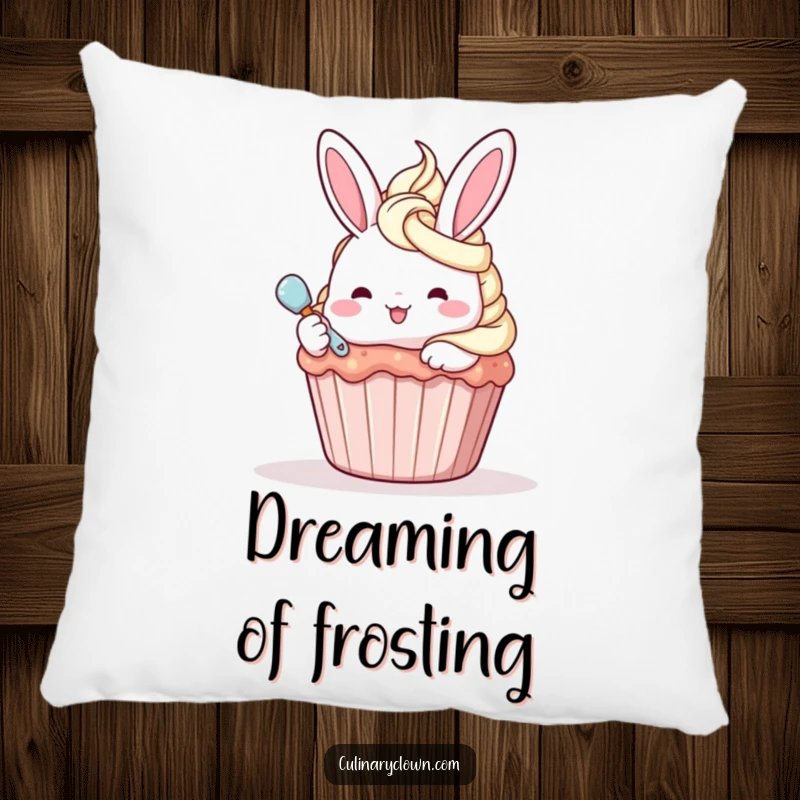 Funny kawaii bunny character in a joyful mood, frosting a large cupcake on a soft pillow.