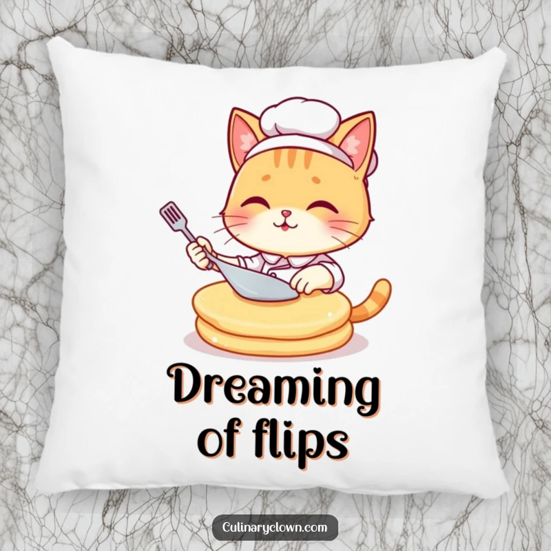 Funny kawaii cat chef in a chef hat struggling comically with a giant pancake, depicted on a soft, decorative pillow.