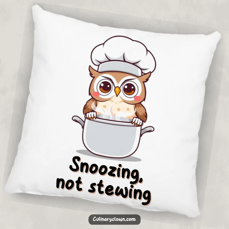 Funny Kawaii Owl Chef Pillow: A soft cushion featuring a cute cartoon owl chef with curious eyes peeking over a steaming pot, perfect for relaxation.