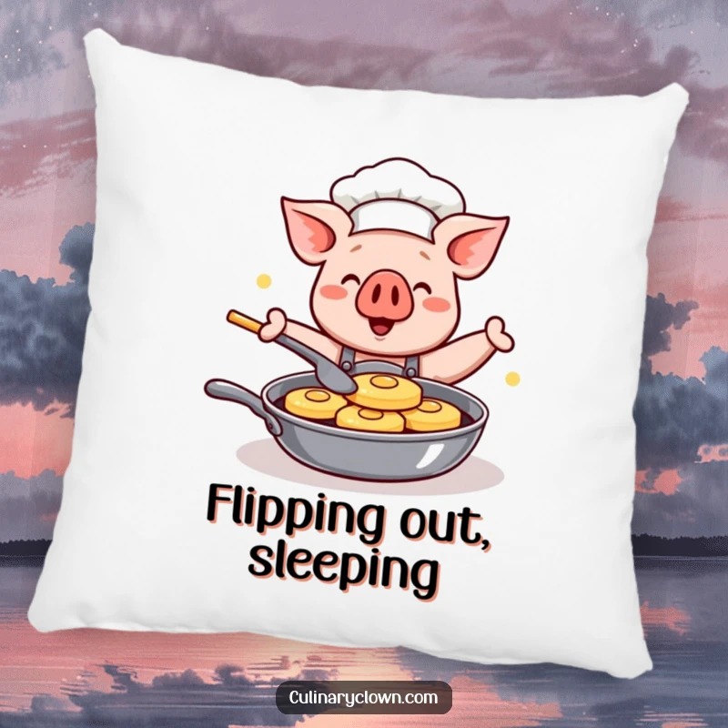 Funny Kawaii Pig Chef Pillow: A soft cushion featuring a cute cartoon pig chef happily flipping pancakes, perfect for relaxation and cute decor.