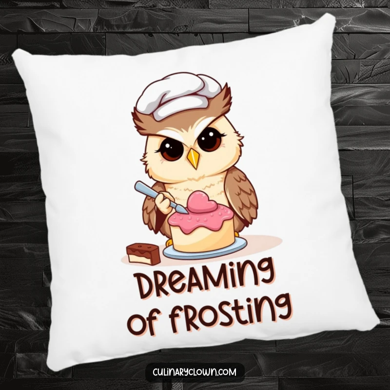 Funny owl chef carefully decorating a tiny cake, soft and decorative pillow.