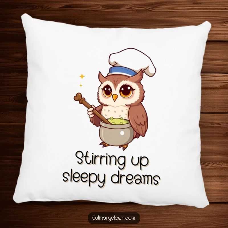 Funny Pillow featuring a curious owl chef stirring a bubbling potion, offering comfort and a magical dose of humor.