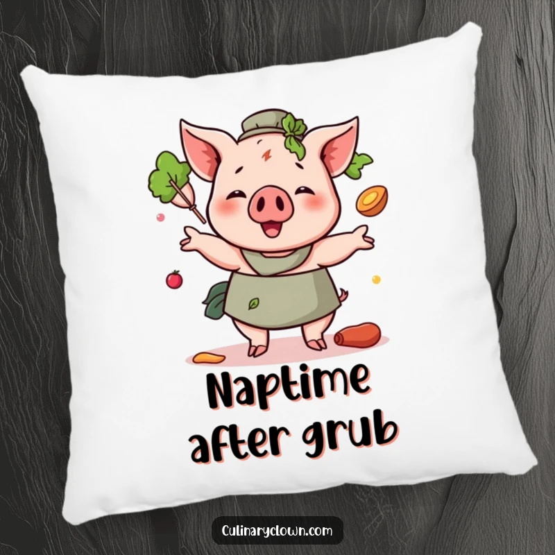 Funny Pig Juggling Ingredients Pillow featuring a cheerful pig character tossing food items, designed for comfort and laughs.