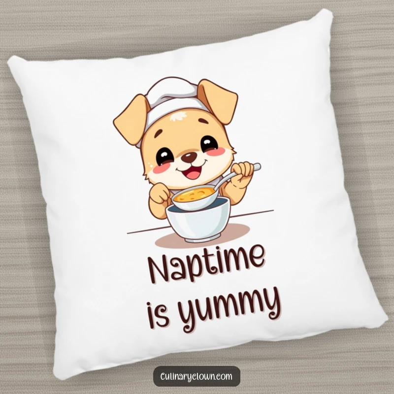 Funny pillow featuring a gleeful puppy chef with a contented, happy expression while tasting a spoonful of soup.