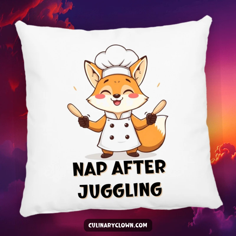 Funny fox chef juggling rolling pins with a grin, soft and decorative pillow.