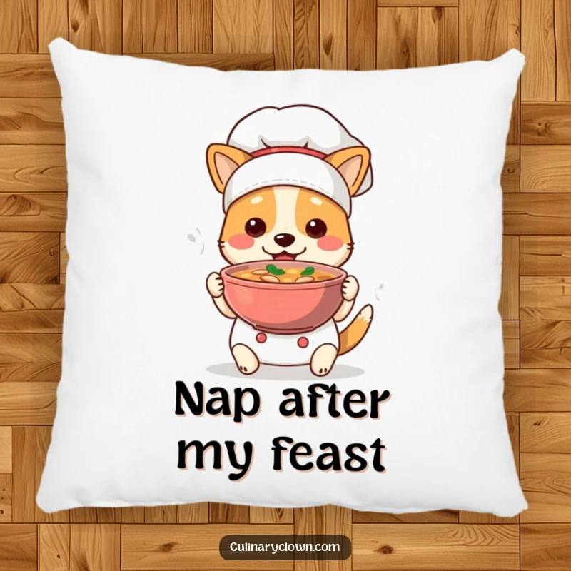 Funny Dog Chef Pillow: A soft, decorative pillow featuring a cute dog chef proudly presenting a steaming bowl of soup.