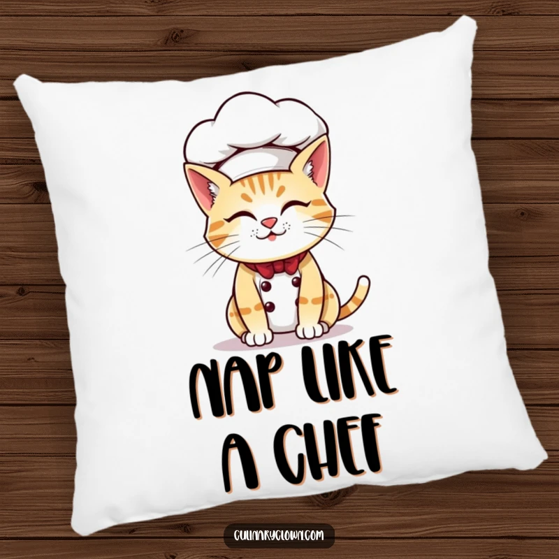 Funny pillow showcasing a mischievous cat chef with an oversized chef hat, perfect for cozying up with feline charm.