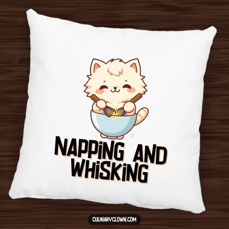 Funny kawaii cat character whisking batter with glee on a soft pillow, offering cozy comfort.