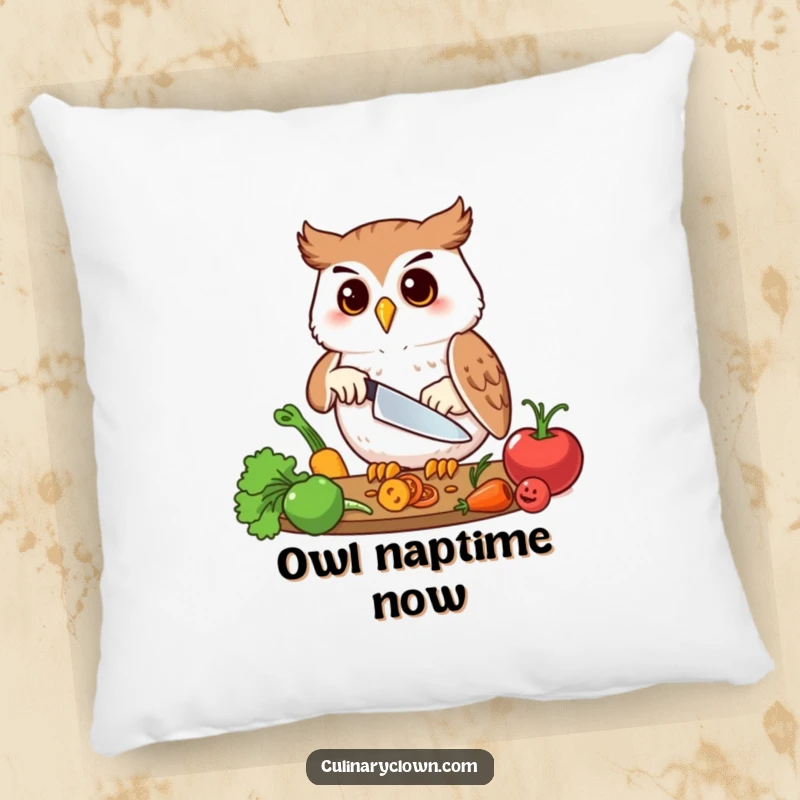 Funny pillow featuring a happy owl character precisely chopping vegetables, perfect for a cozy kitchen corner.