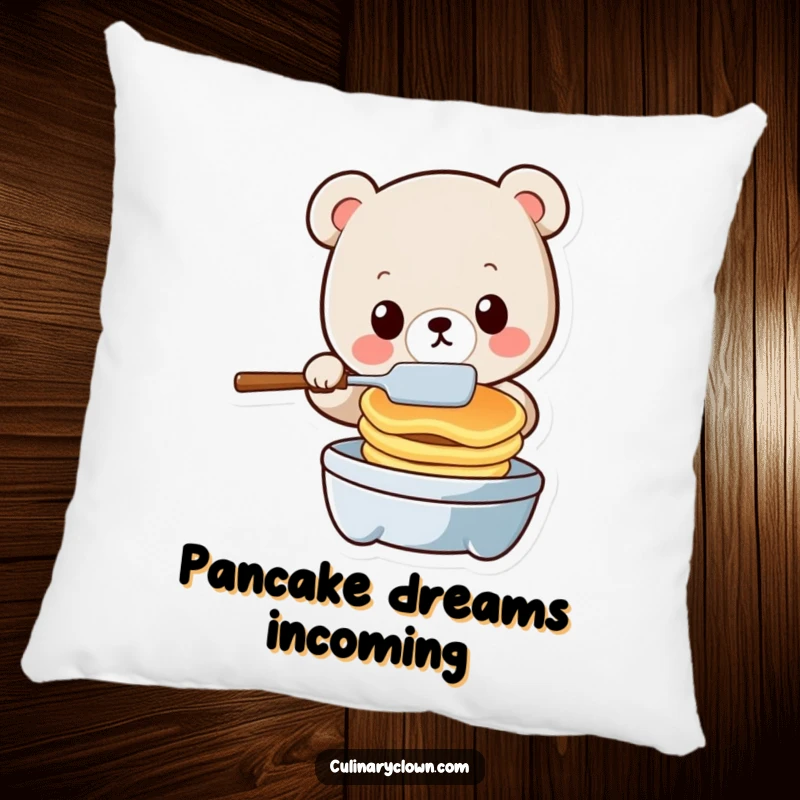Funny kawaii bear character flustered while flipping pancakes on a soft pillow, offering comfort and humor.
