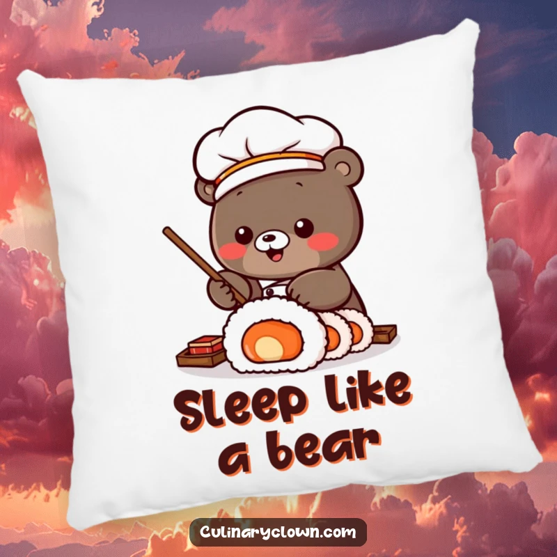 Funny Pillow with a Kawaii bear sushi chef character rolling a large sushi roll, offering comfort with a cute and culinary-themed design.