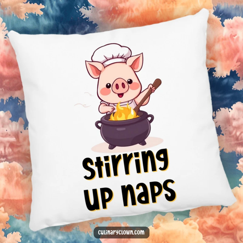 Funny kawaii pig chef stirring a bubbling cauldron, depicted on a soft and decorative pillow for charming home accents.