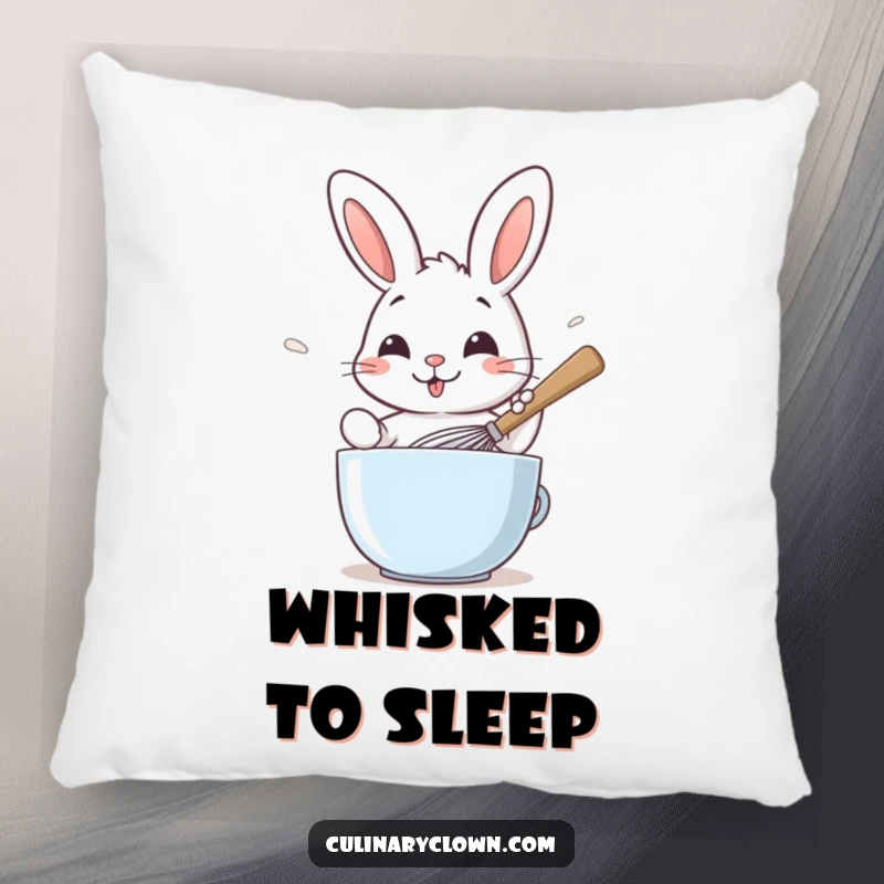 Funny pillow featuring a smiling rabbit character whisking batter with a giant spoon, perfect for a cozy baking space.