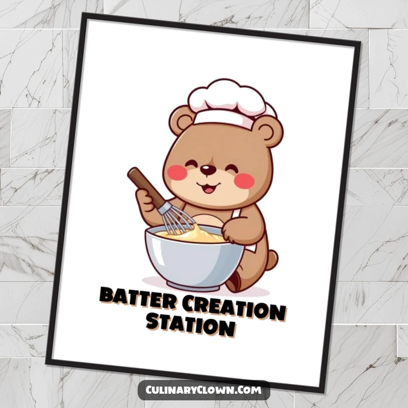 Funny digital art print of a cheerful bear chef energetically whisking batter in a bowl, ready to create.