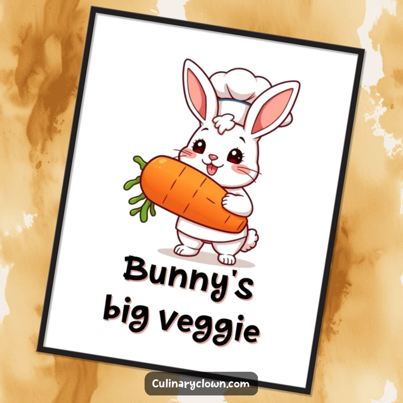 Funny kawaii bunny chef in a chef hat proudly holding a giant carrot, ready for digital download as wall art.