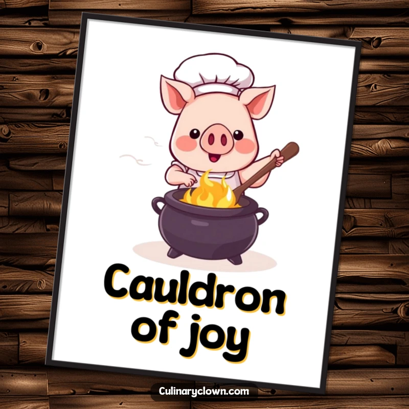 Funny kawaii pig chef in a chef hat stirring a bubbling cauldron, ready for digital download as wall art.
