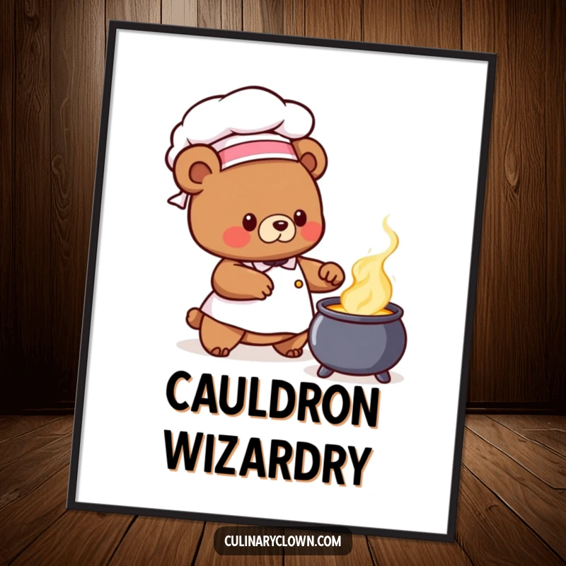 Cute bear chef character wearing a chef hat and stirring a bubbling cauldron, available as a downloadable funny art print.