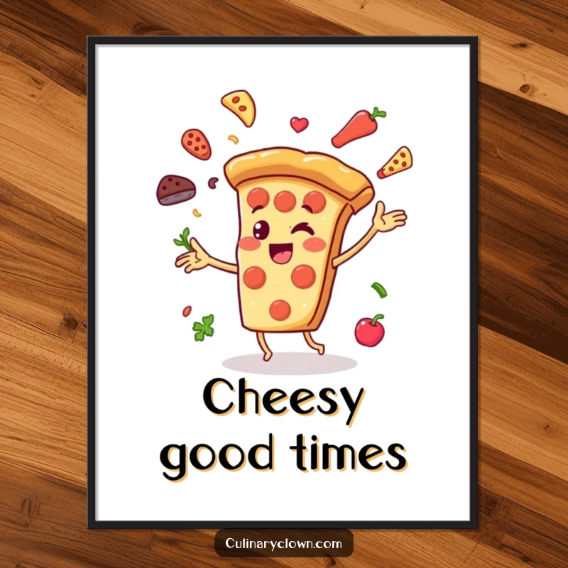 Funny Digital Art Print of a cheerful pizza slice character juggling ingredients, offering instant foodie charm and a playful vibe.