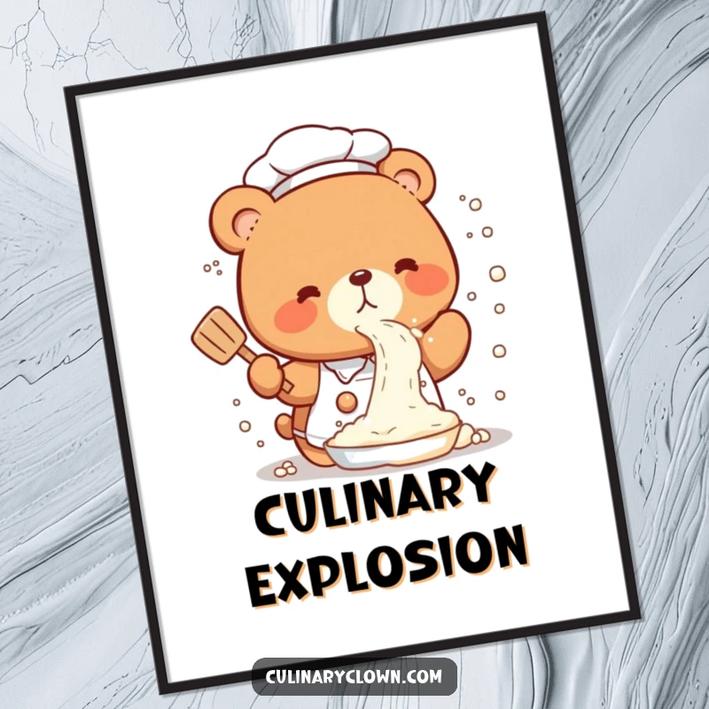 Funny Digital Art Print of a cute kawaii bear chef in a comical flour explosion, bringing instant kitchen humor and fun.