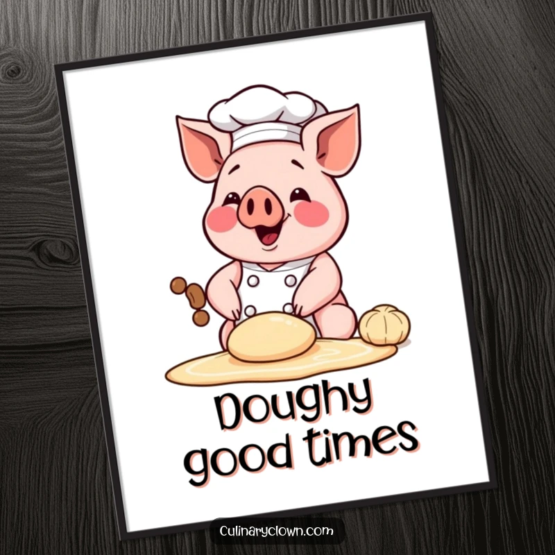 Funny digital art print of a happy chef pig character kneading dough, perfect for adding humorous baking wall decor.