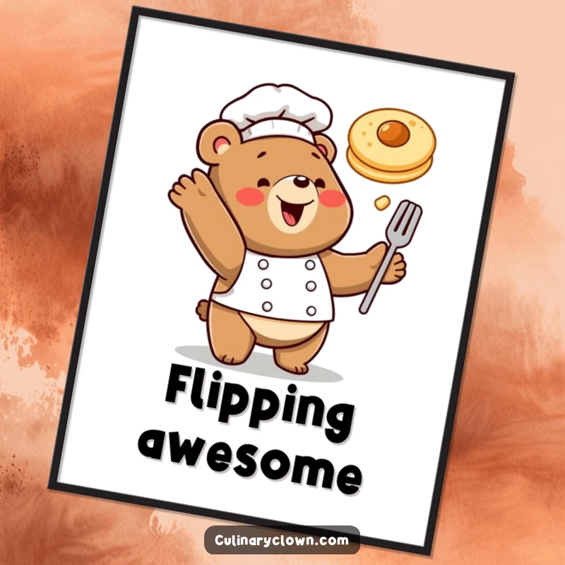 Funny digital art print of a happy bear chef playfully tossing a pancake, bringing breakfast cheer instantly.
