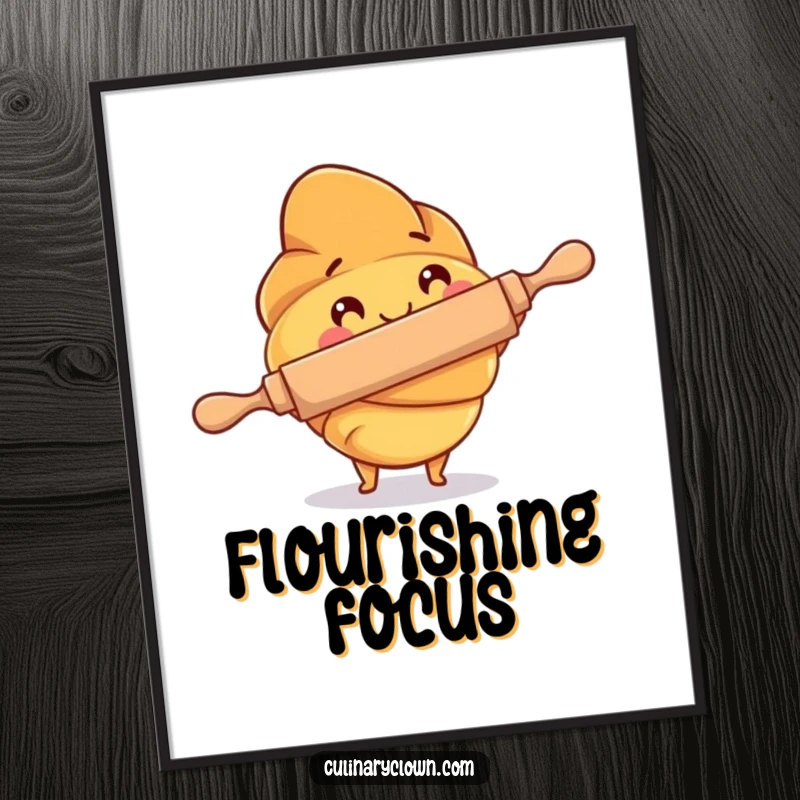 Funny Digital Art Print of a happy croissant character using a rolling pin, offering instant whimsical baking decor.