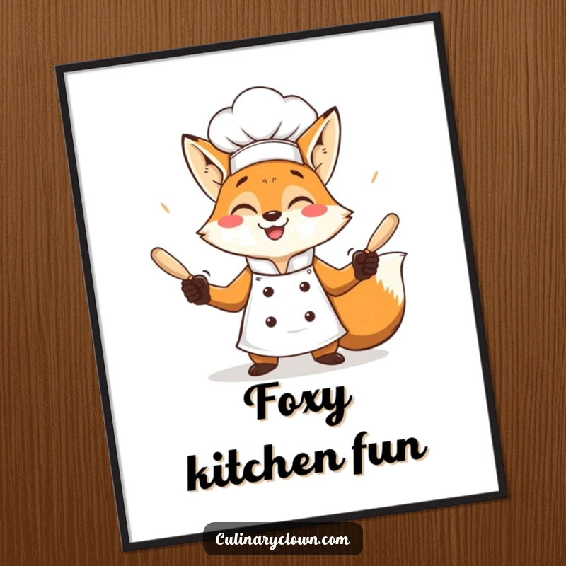 Funny fox chef juggling rolling pins with a wide grin, high-res digital download art.