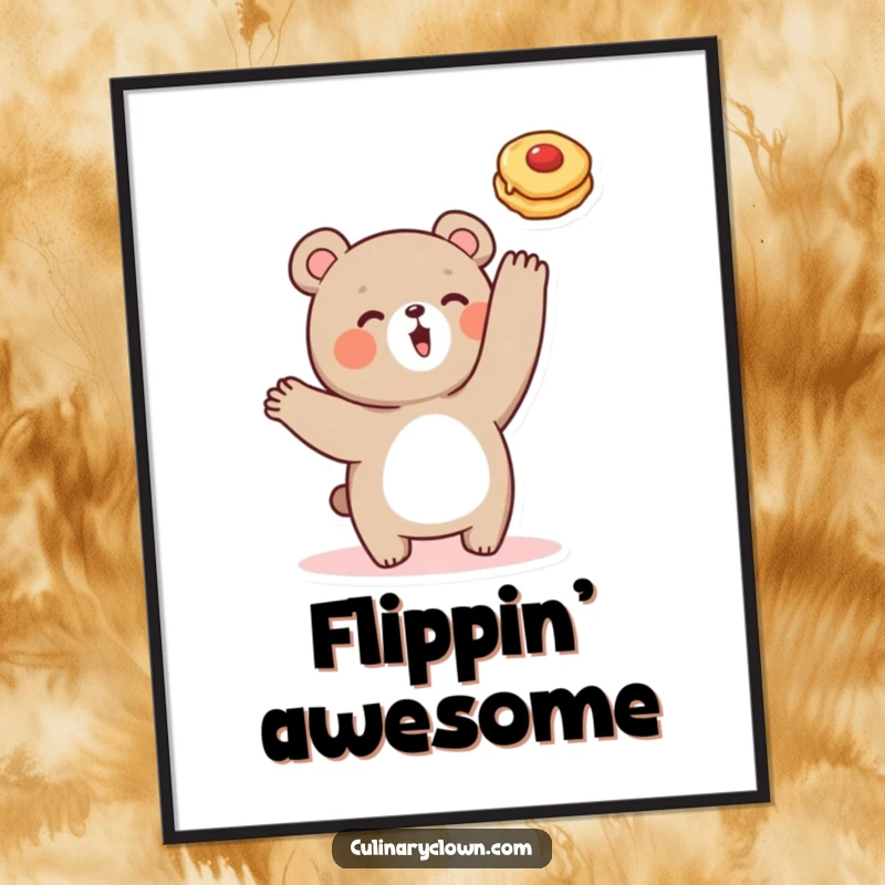 Funny digital art print of a cute bear character energetically flipping a pancake, perfect for whimsical wall decor.