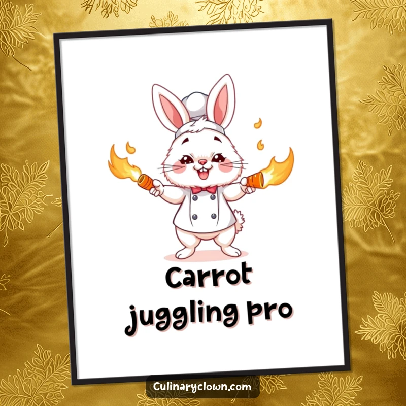 Funny fluffy bunny chef character comically juggling flaming carrots with intense concentration, available as a downloadable funny art print.
