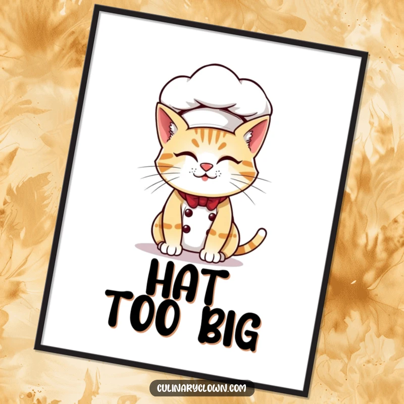 Funny digital art print of a mischievous cat chef with an oversized chef hat, bringing feline baking humor instantly.