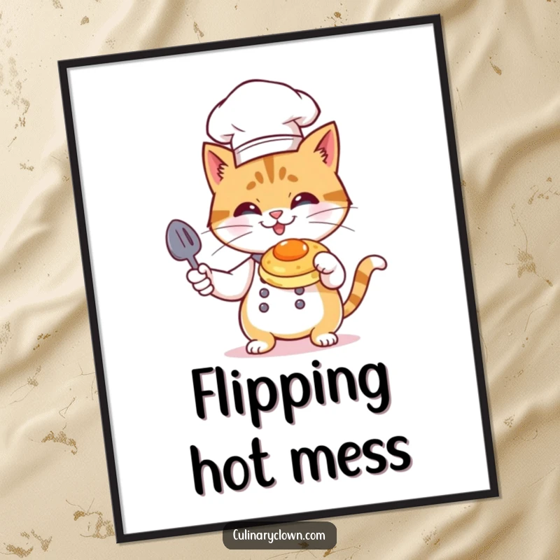 Funny Cat Chef Digital Art: A mischievous cat chef flambéing a pancake, high-resolution printable art.