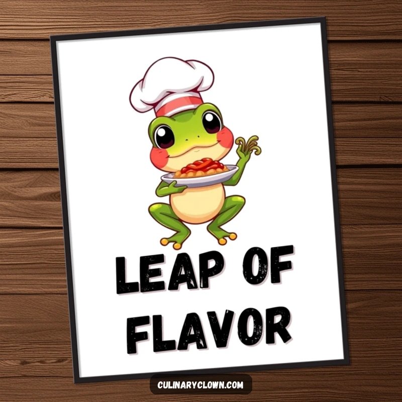 Funny chef frog proudly presenting a culinary dish, a high-quality digital art print for elegant decor.