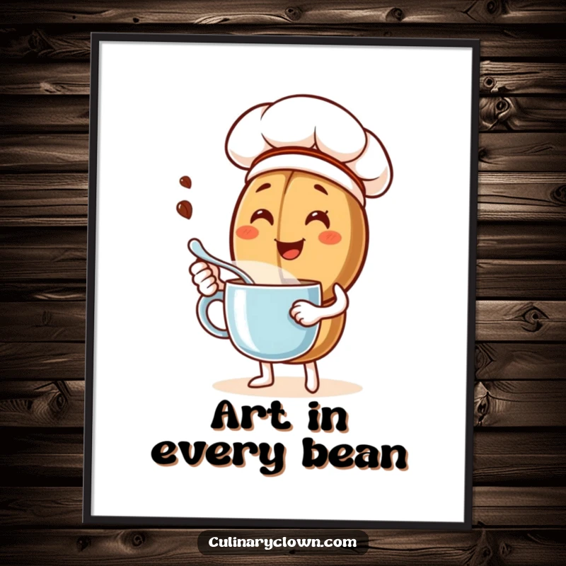 Funny digital art print of a joyful coffee bean chef character stirring a steaming mug, delivering instant cheer and humor.