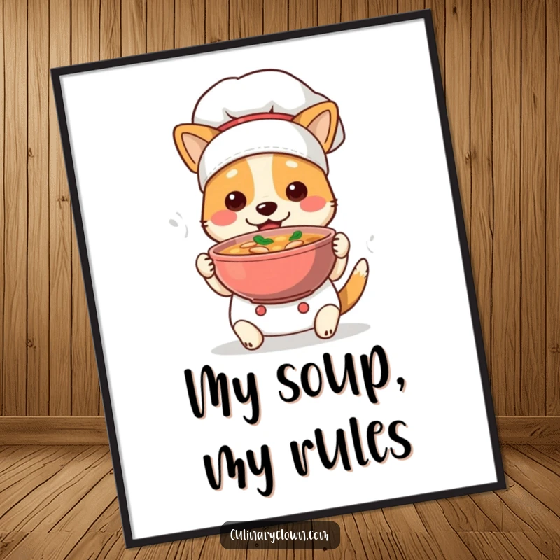 Funny Dog Chef Digital Art: A cute dog in chef attire proudly presents a steaming bowl of soup, perfect for instant wall decor.
