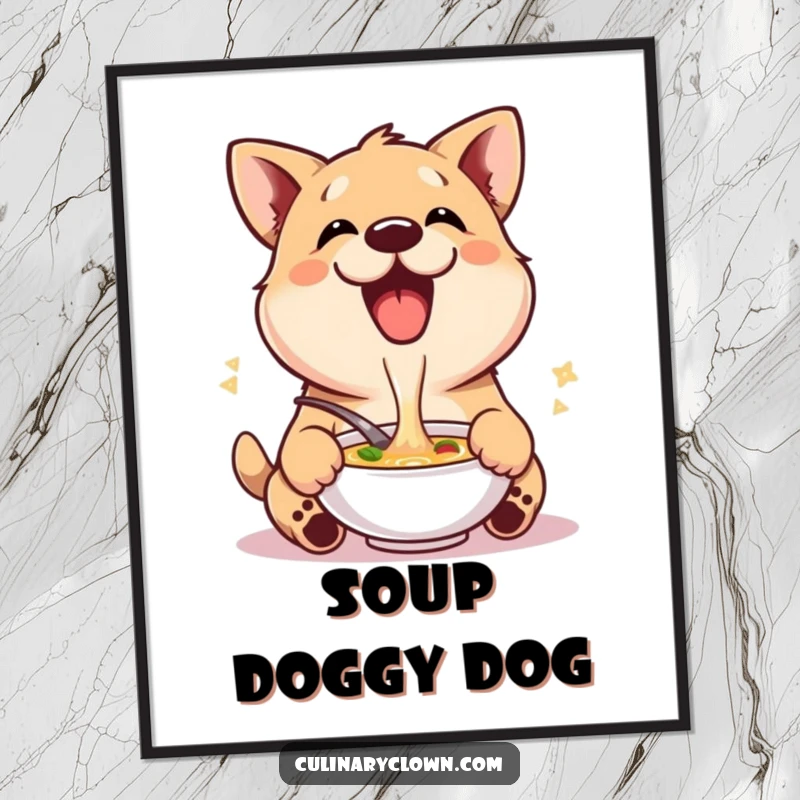 Funny digital art print of a delighted dog character joyfully and enthusiastically tasting soup, perfect for pet-themed decor.