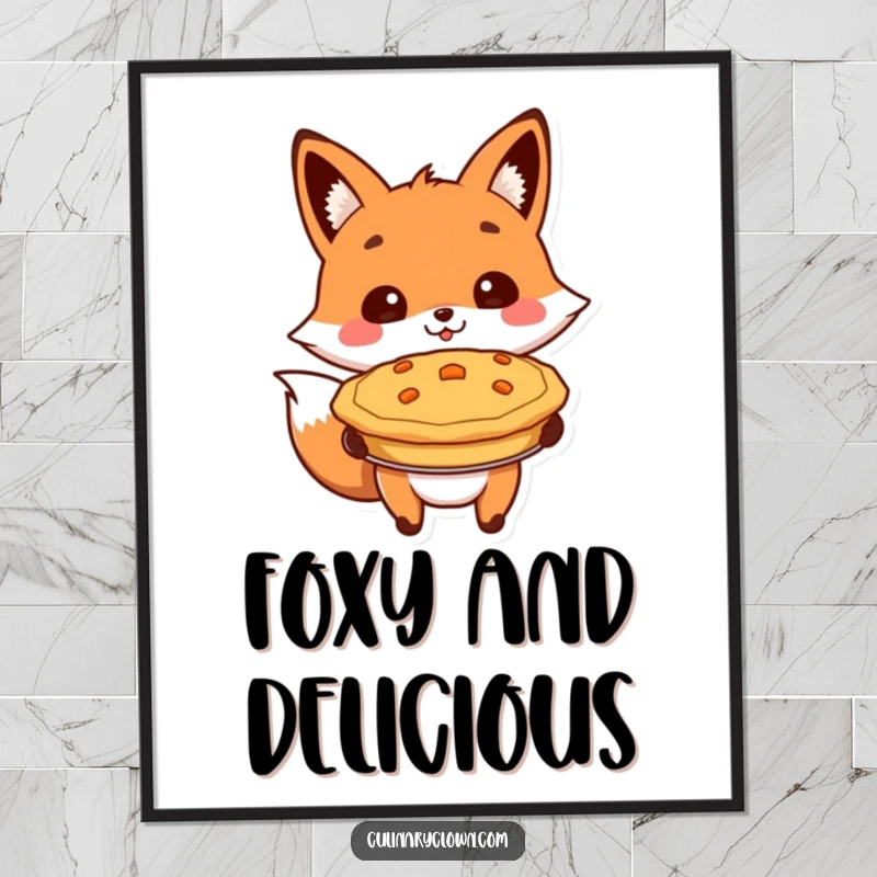 Funny digital art print showing a cheerful fox character proudly presenting a baked pie, perfect for kitchen decor.